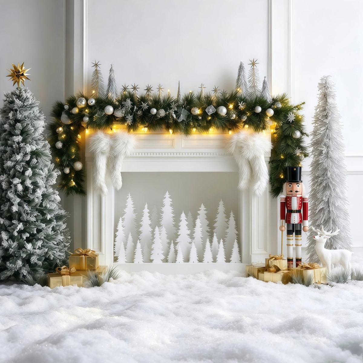 Elegant Christmas Backdrop Silver Frost Mantel Display Studio Christmas Backdrops RR69-81