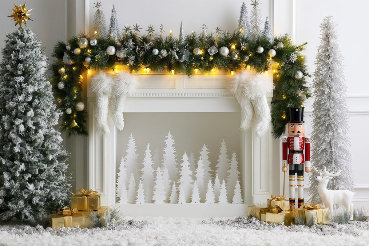 Elegant Christmas Backdrop Silver Frost Mantel Display Studio Christmas Backdrops RR69-81