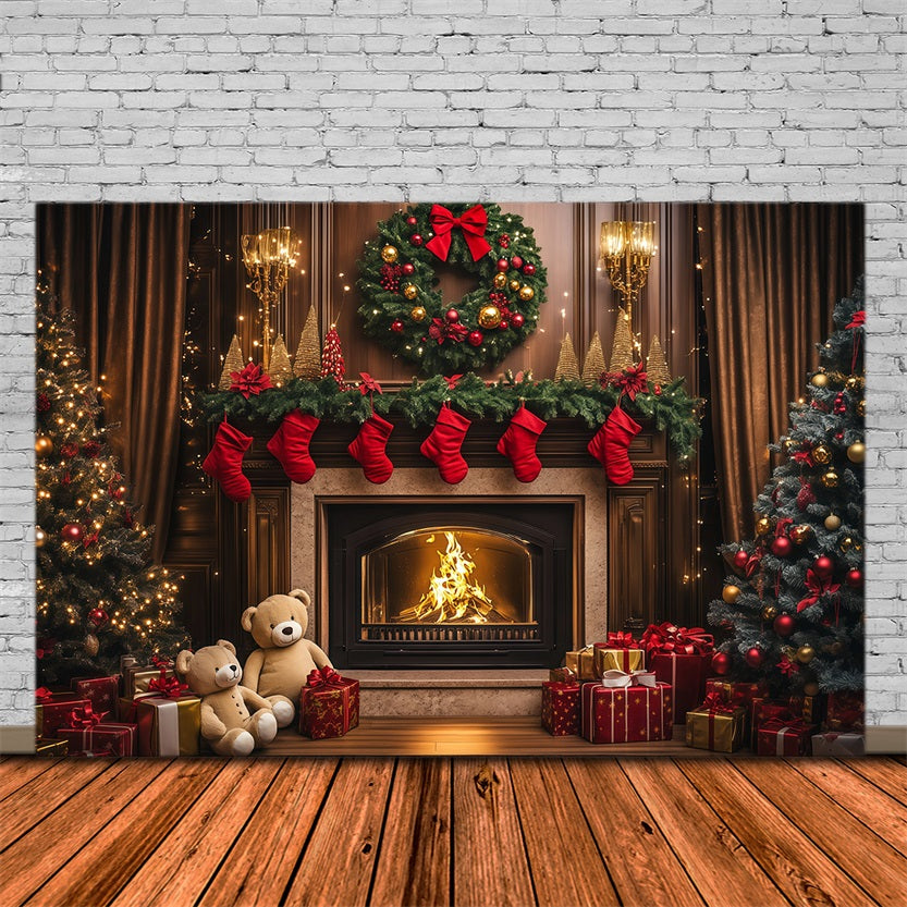 Cozy Christmas Backdrop Vintage Fireplace Stocking Indoor Christmas Backdrops RR69-85