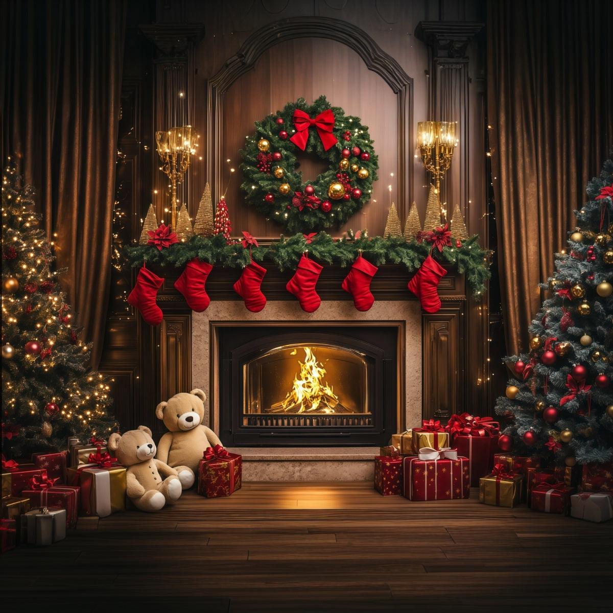 Cozy Christmas Backdrop Vintage Fireplace Stocking Indoor Christmas Backdrops RR69-85