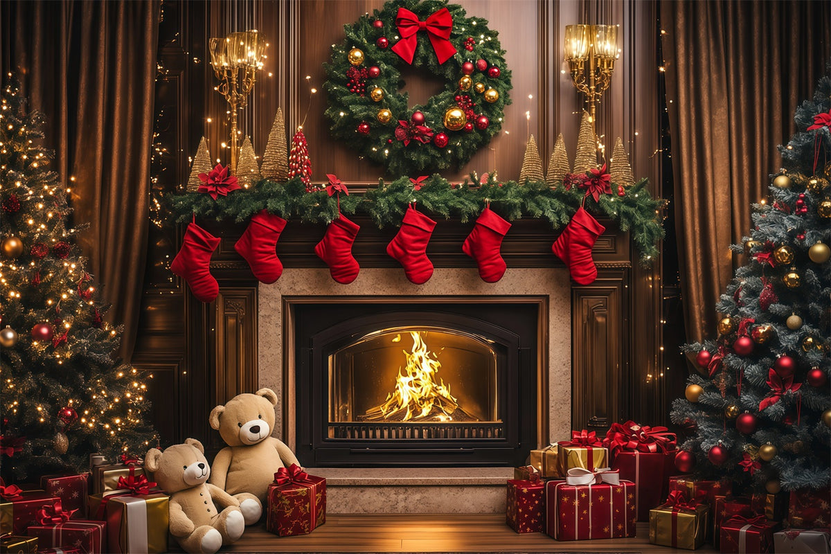 Cozy Christmas Backdrop Vintage Fireplace Stocking Indoor Christmas Backdrops RR69-85