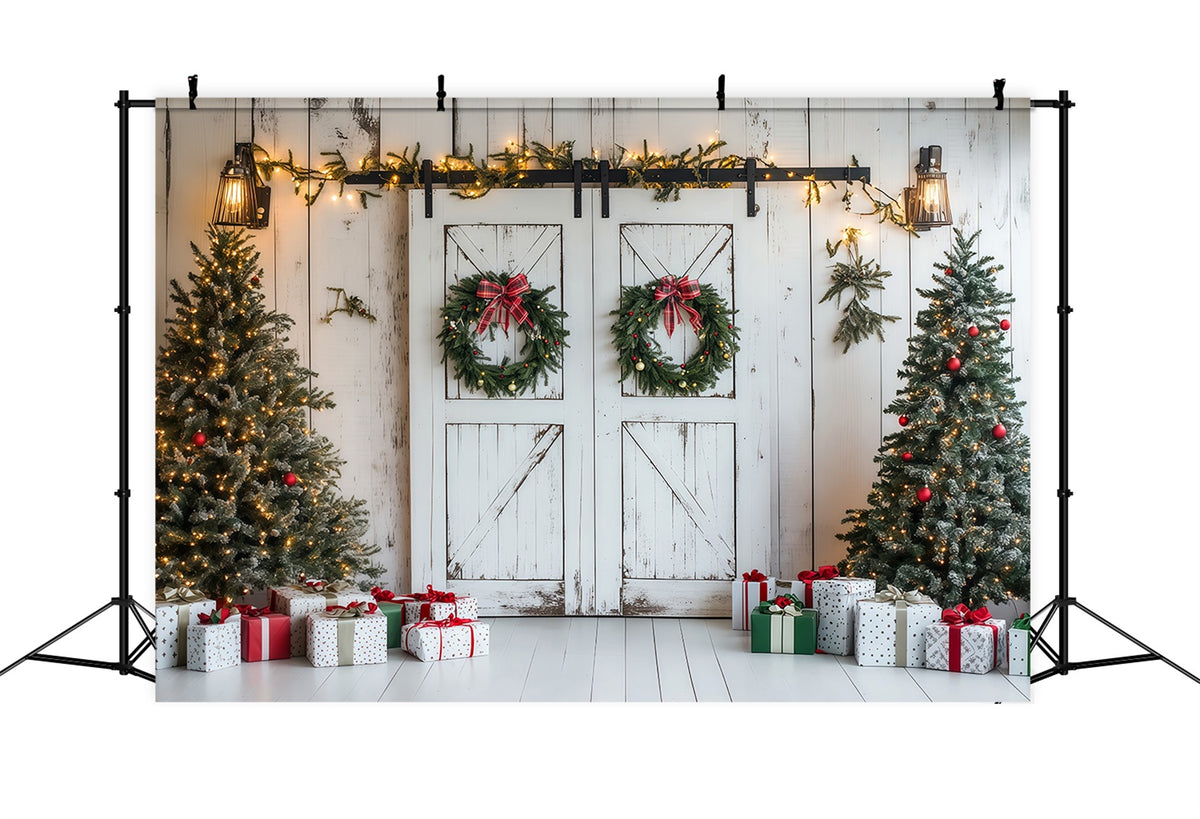 Christmas Barn Door Backdrop Rustic White Wooden Wall Wall Backdrop Christmas RR69-87