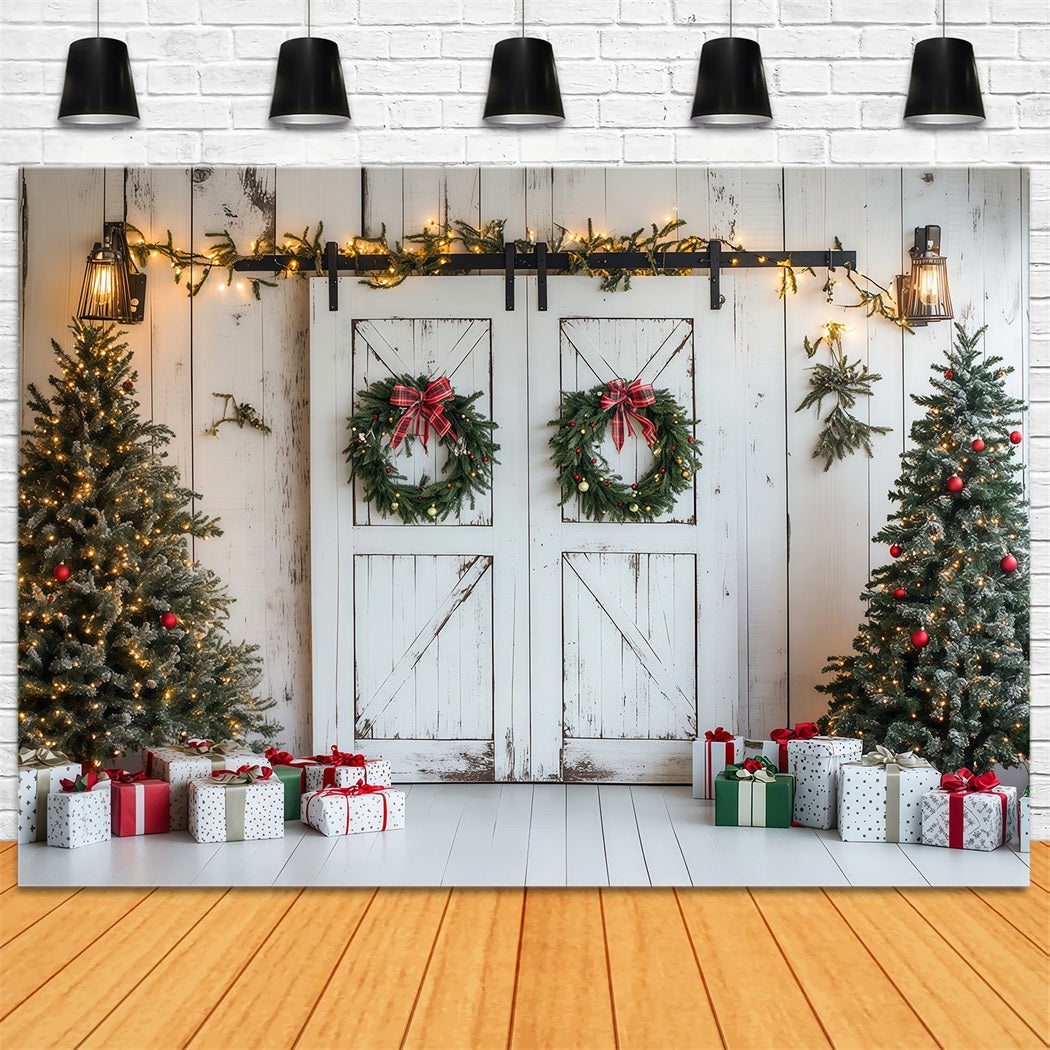 Christmas Barn Door Backdrop Rustic White Wooden Wall Wall Backdrop Christmas RR69-87