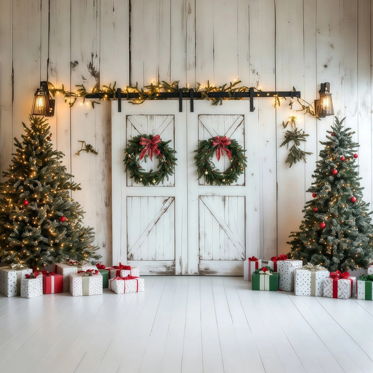 Christmas Barn Door Backdrop Rustic White Wooden Wall Wall Backdrop Christmas RR69-87