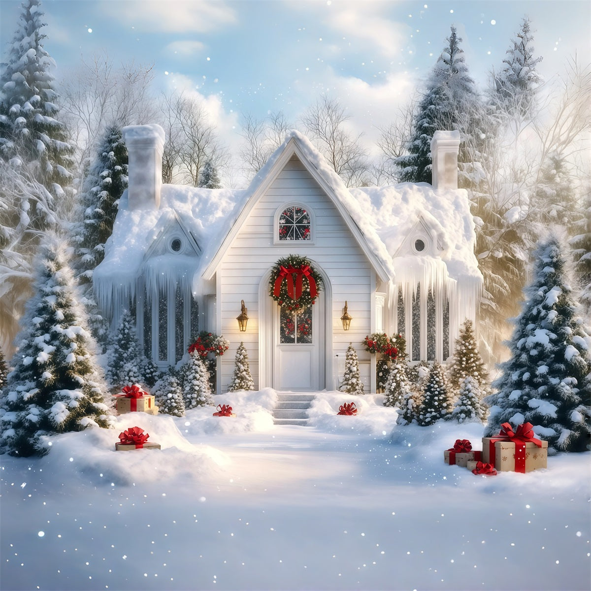Snowy Christmas Backdrop Winter White Cottage Porch Muslin Christmas Backdrop RR69-88