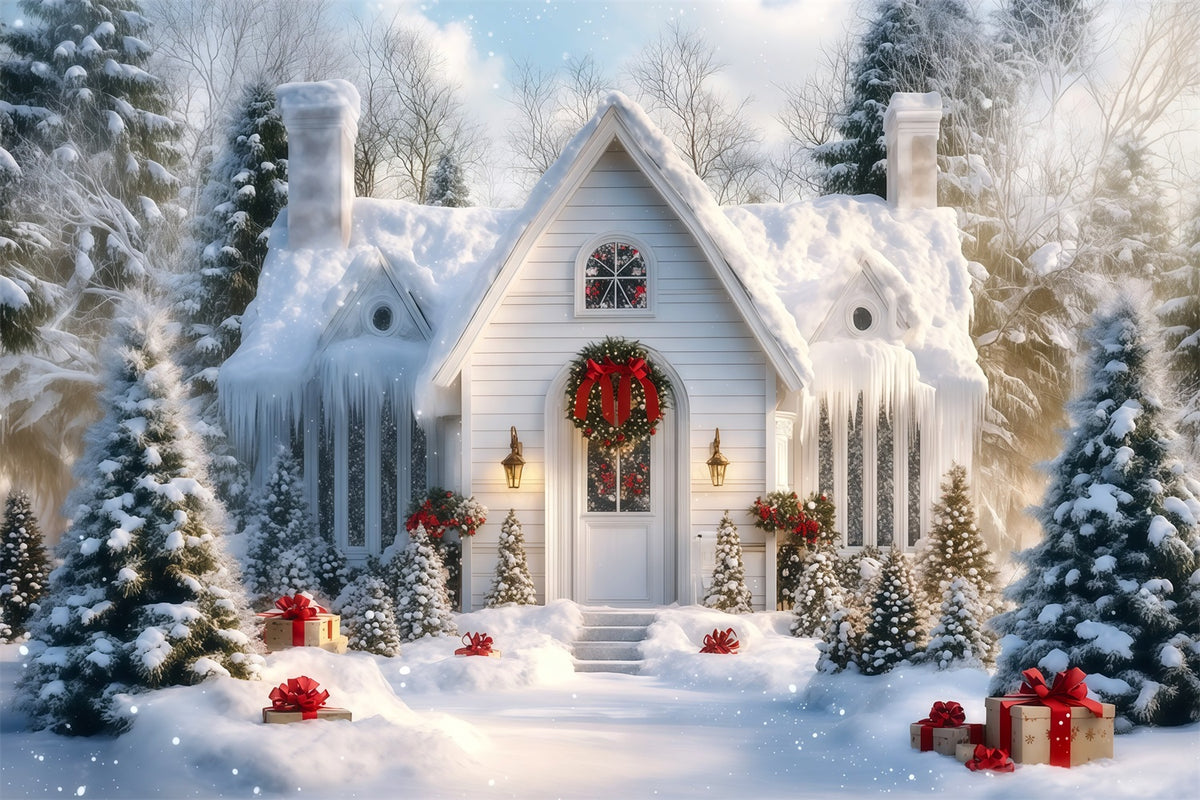 Snowy Christmas Backdrop Winter White Cottage Porch Muslin Christmas Backdrop RR69-88