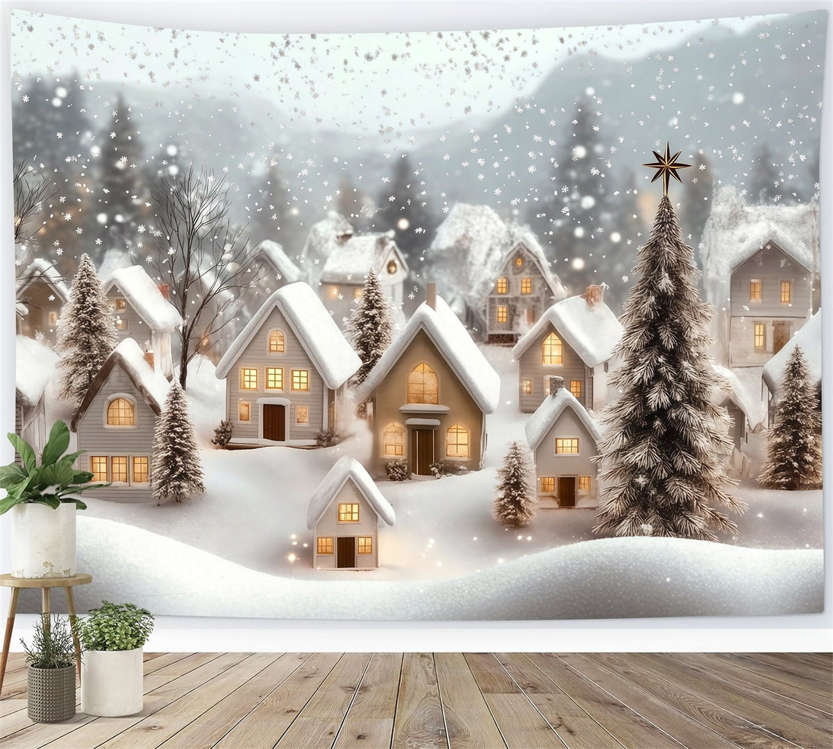 Winter Christmas Backdrop Village Snowfall Glow Muslin Backdrop Christmas RR69-89