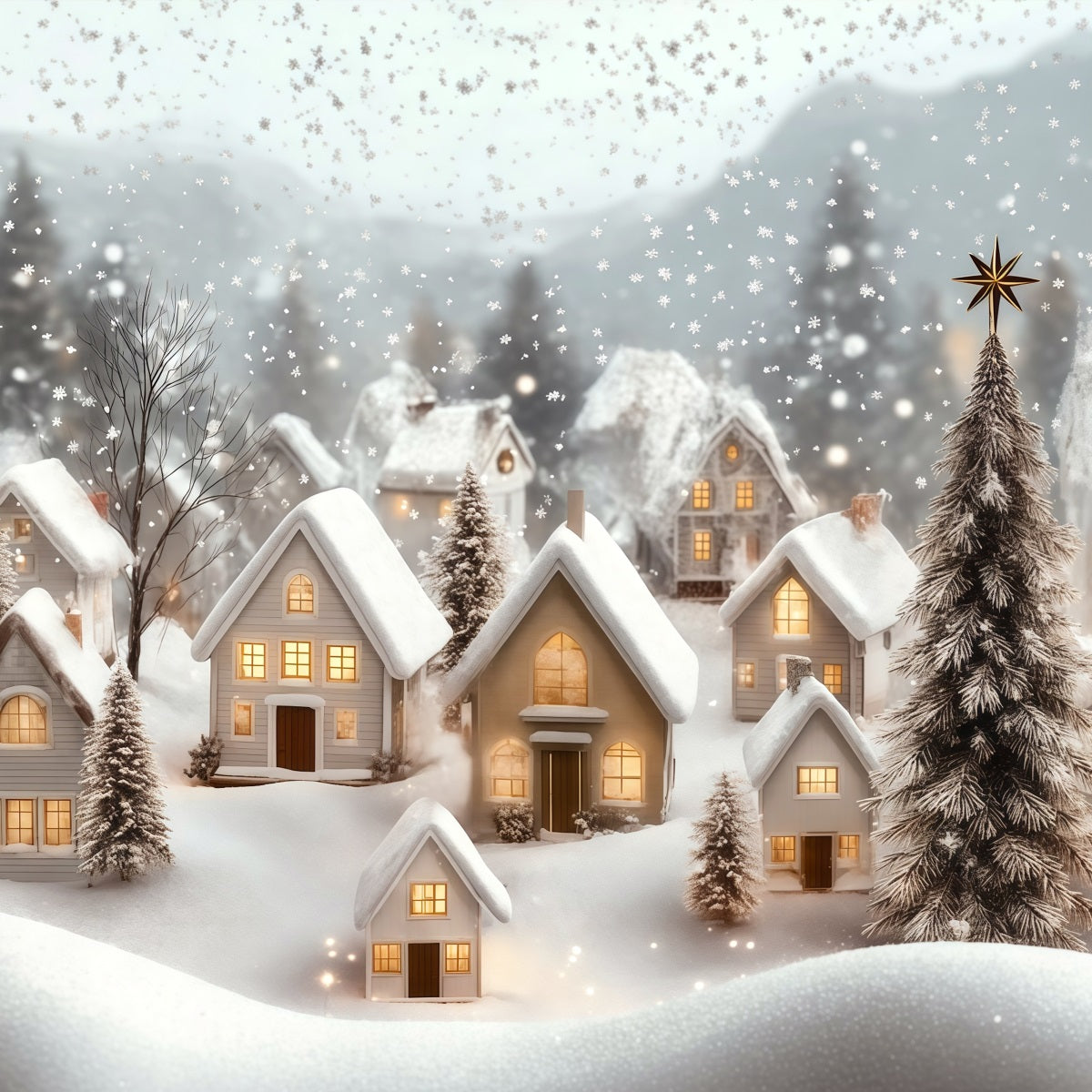 Winter Christmas Backdrop Village Snowfall Glow Muslin Backdrop Christmas RR69-89
