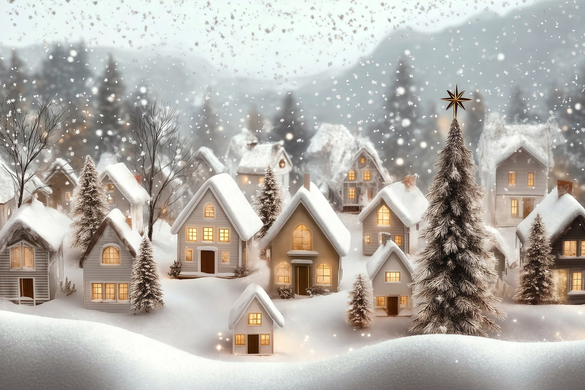 Winter Christmas Backdrop Village Snowfall Glow Muslin Backdrop Christmas RR69-89