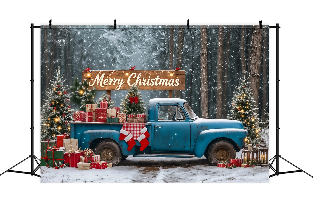 Christmas Forest Backdrop Blue Vintage Gift Truck Photographic Backdrops Christmas RR69-90