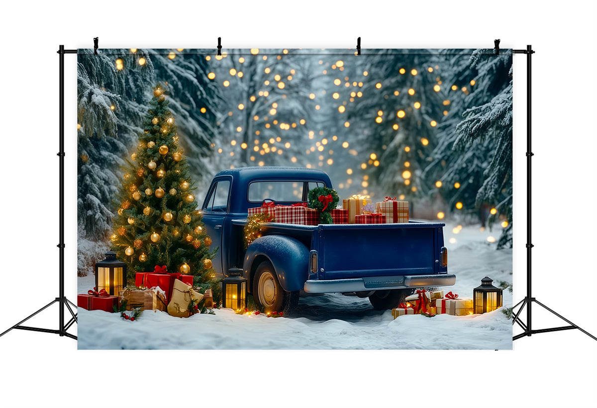 Christmas Truck Backdrop Blue Pickup Forest Lights Christmas Muslin Backdrops RR69-91