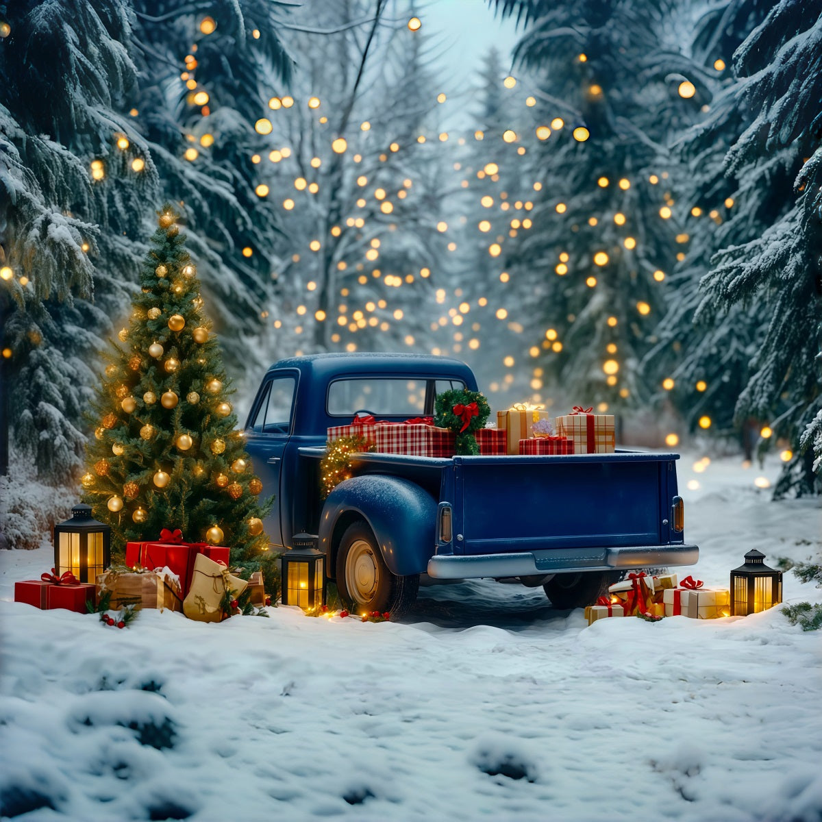Christmas Truck Backdrop Blue Pickup Forest Lights Christmas Muslin Backdrops RR69-91