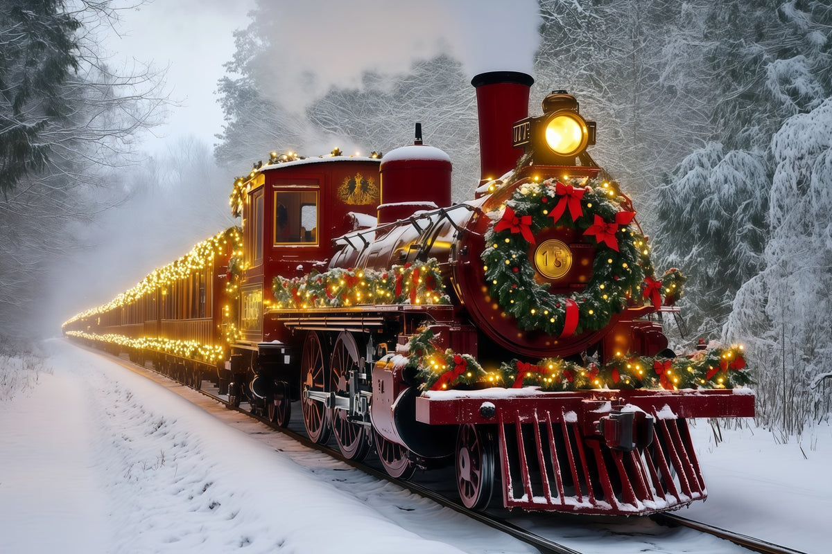 Christmas Train Backdrop Snowy Red Light Train Christmas Backdrops RR69-93