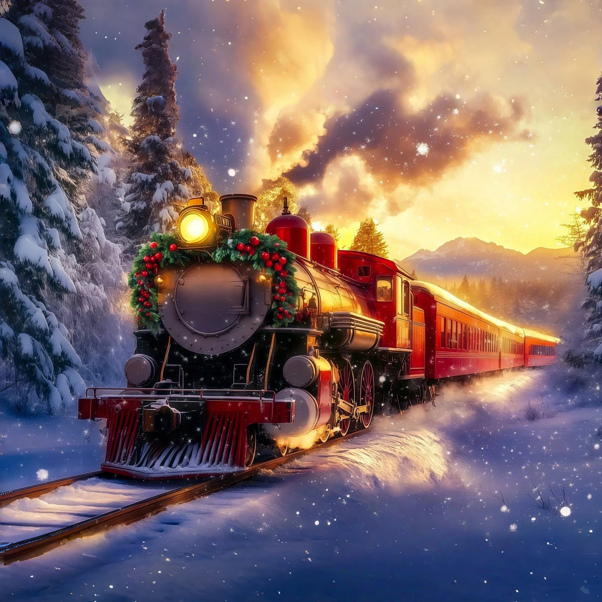 Christmas Train Backdrop Golden Sunset Mountain Train Christmas Photo Backdrop RR69-94