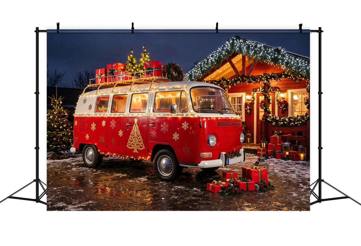 Christmas Camper Photography Backdrop Red Van Cozy Cabin Christmas Photo Backdrops RR69-95