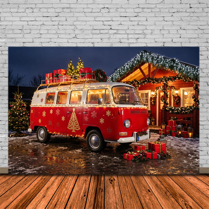 Christmas Camper Photography Backdrop Red Van Cozy Cabin Christmas Photo Backdrops RR69-95