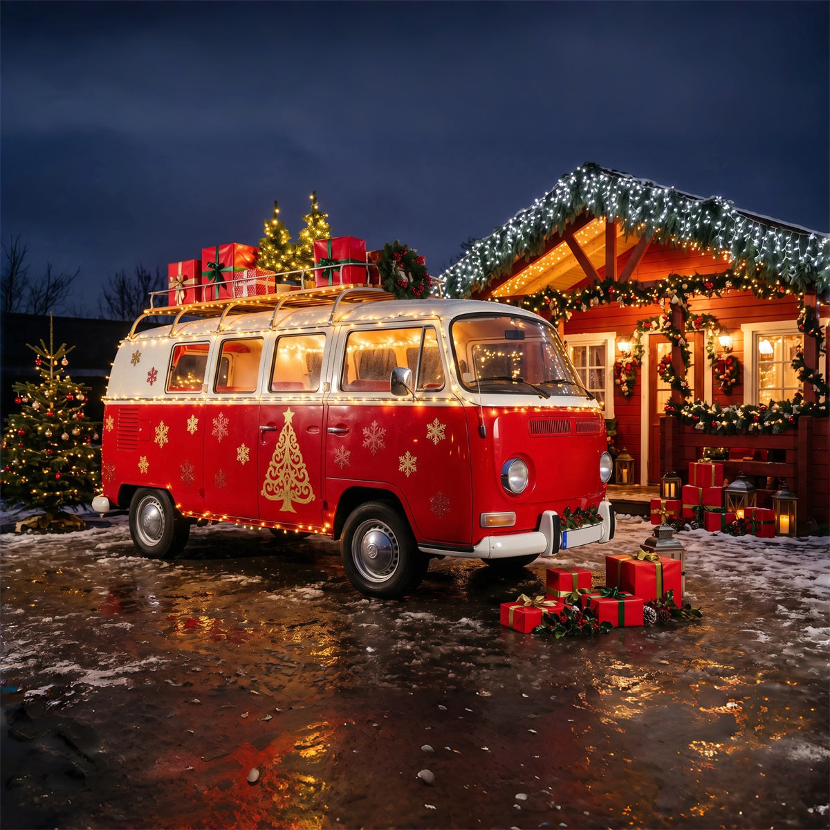Christmas Camper Photography Backdrop Red Van Cozy Cabin Christmas Photo Backdrops RR69-95
