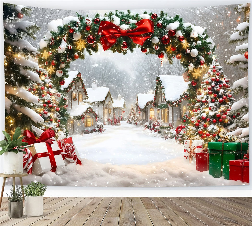 Christmas Village Backdrop Snowy House Garland Arch Professional Christmas Backdrops RR69-98
