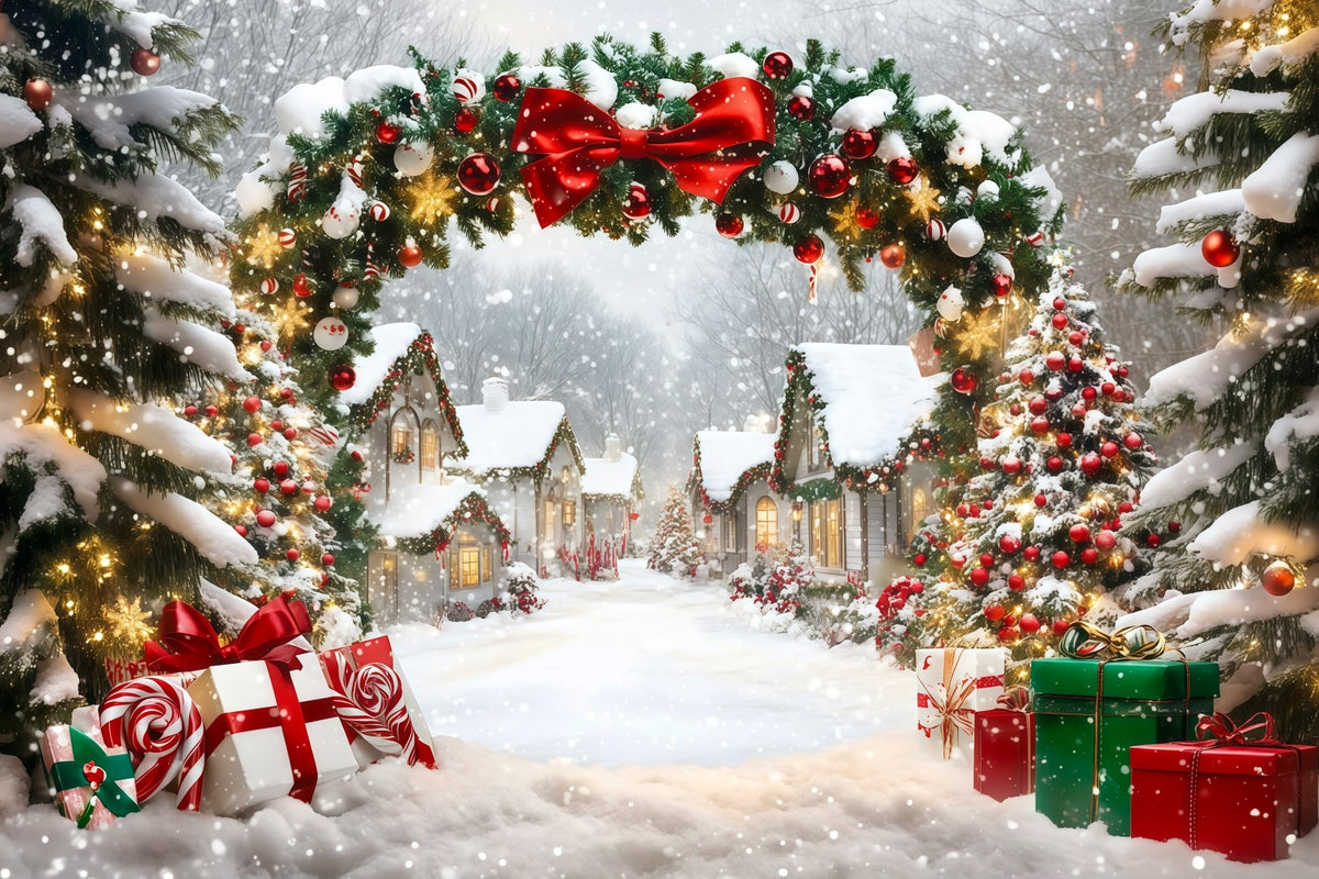 Christmas Village Backdrop Snowy House Garland Arch Professional Christmas Backdrops RR69-98