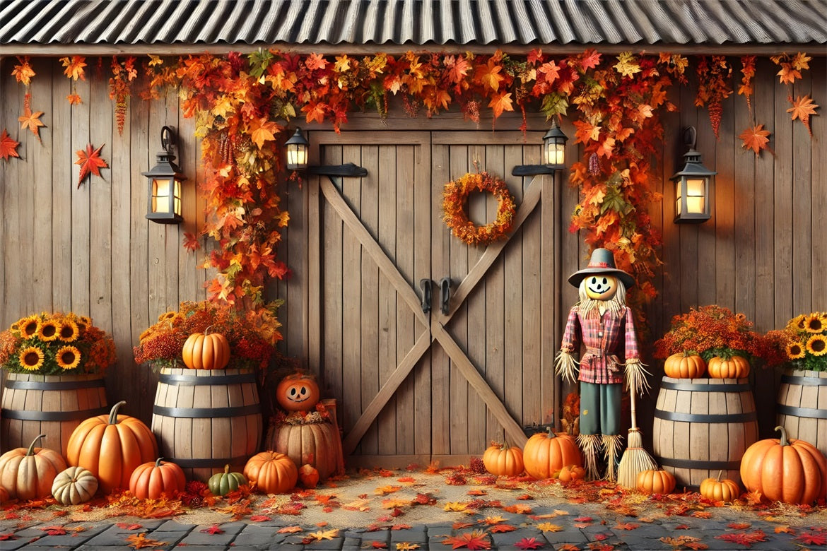 Fall Packdrop Fall Barn Door Pumpkins Scarecrow Backdrop RR7-302