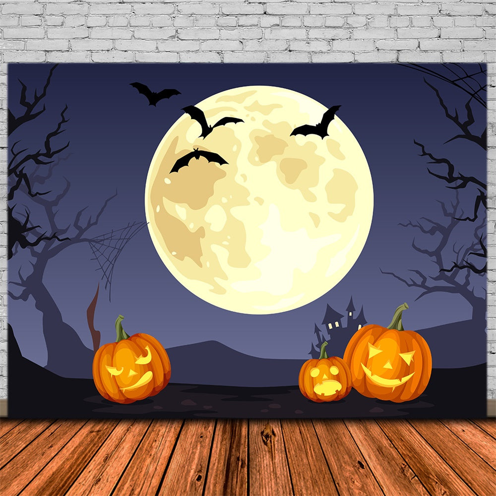 Bat Backdrop Halloween Full Moon Bats Pumpkins Backdrop RR7-388 – Dbackdrop
