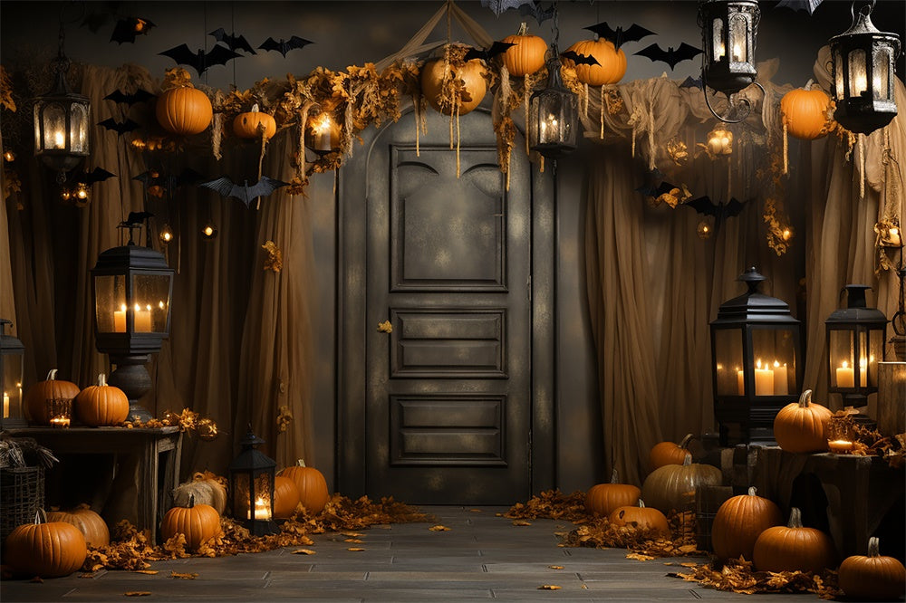 Pumpkins Bats Decorated Door Halloween Backdrop RR7-400