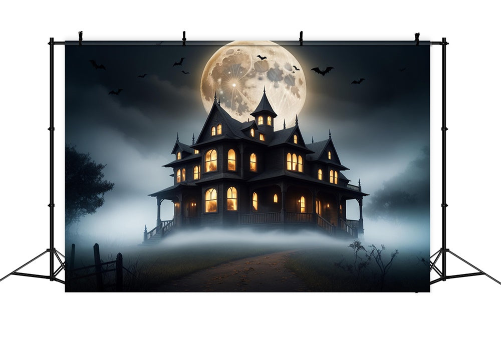 Halloween Full Moon Haunted Mansion Backdrop RR7-423 – Dbackdrop