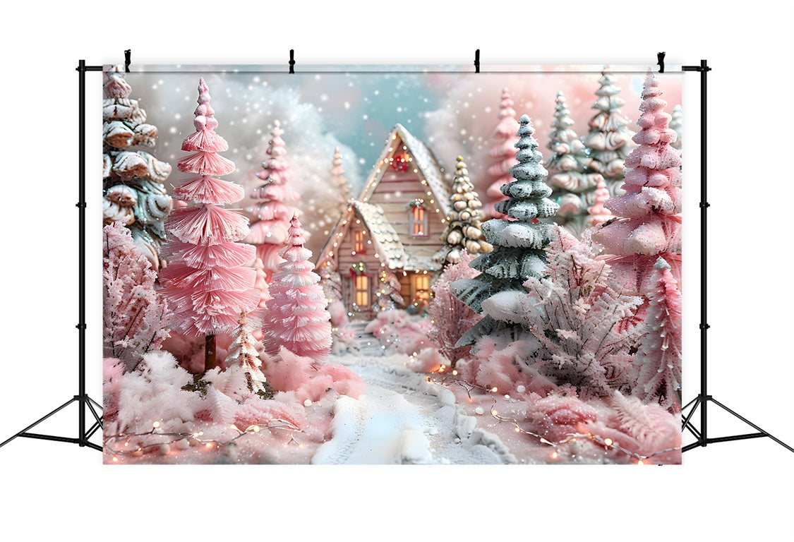 Christmas Forest Pink Fantasy Cottage Backdrop RR7-600 – Dbackdrop