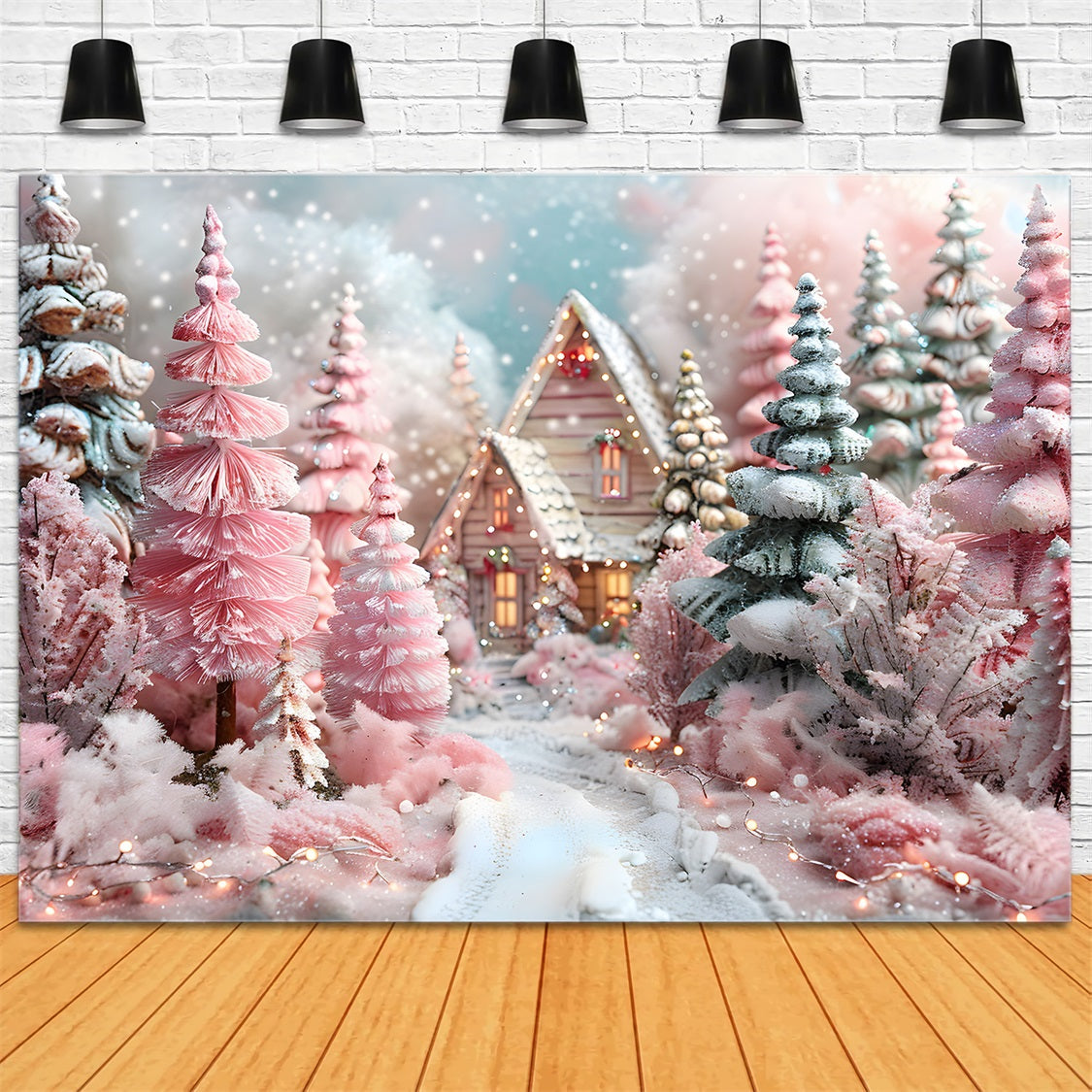 Christmas Forest Pink Fantasy Cottage Backdrop RR7-600 – Dbackdrop