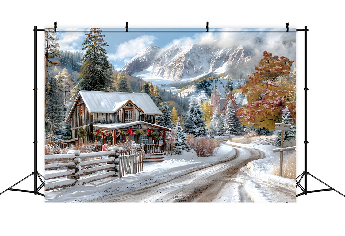 Christmas Snowy Mountain Cabin Decorations Backdrop RR7-640