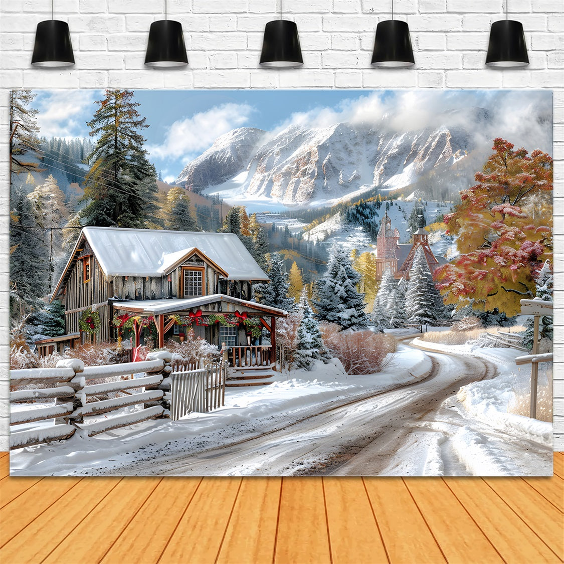 Christmas Snowy Mountain Cabin Decorations Backdrop RR7-640