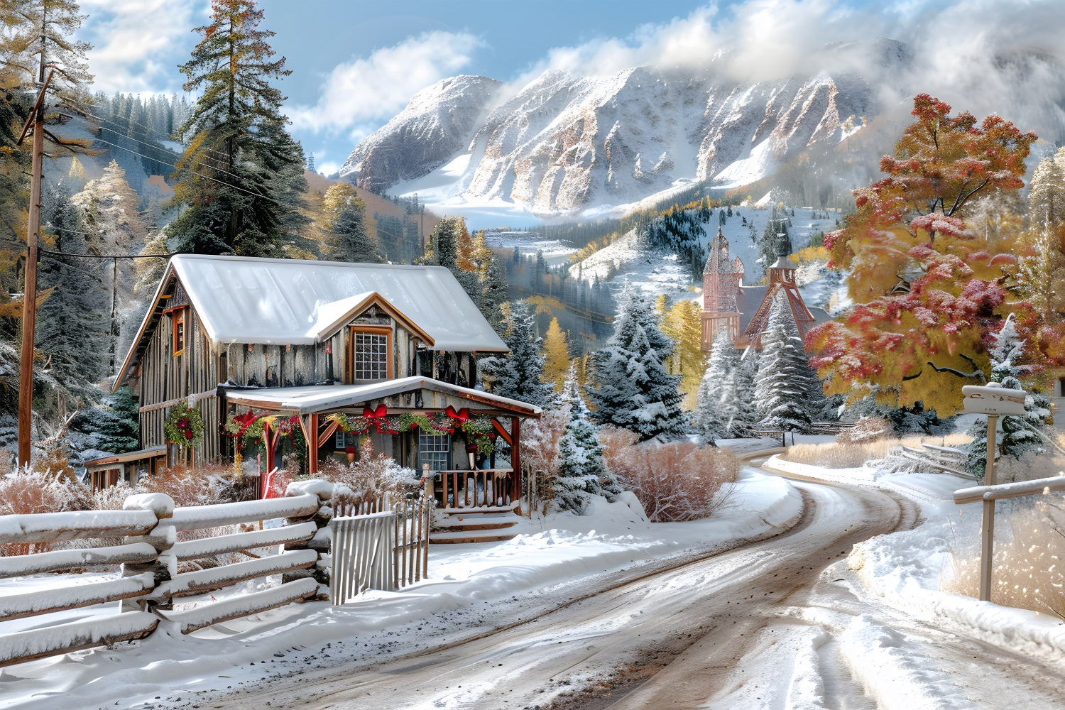 Christmas Snowy Mountain Cabin Decorations Backdrop RR7-640