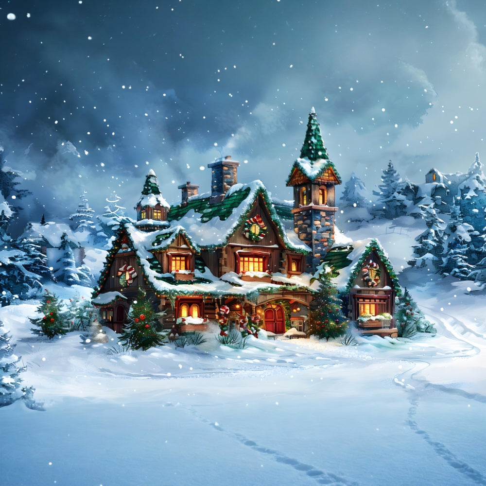 Christmas Fairy Tale Cottage Snowy Forest Backdrop RR7-651