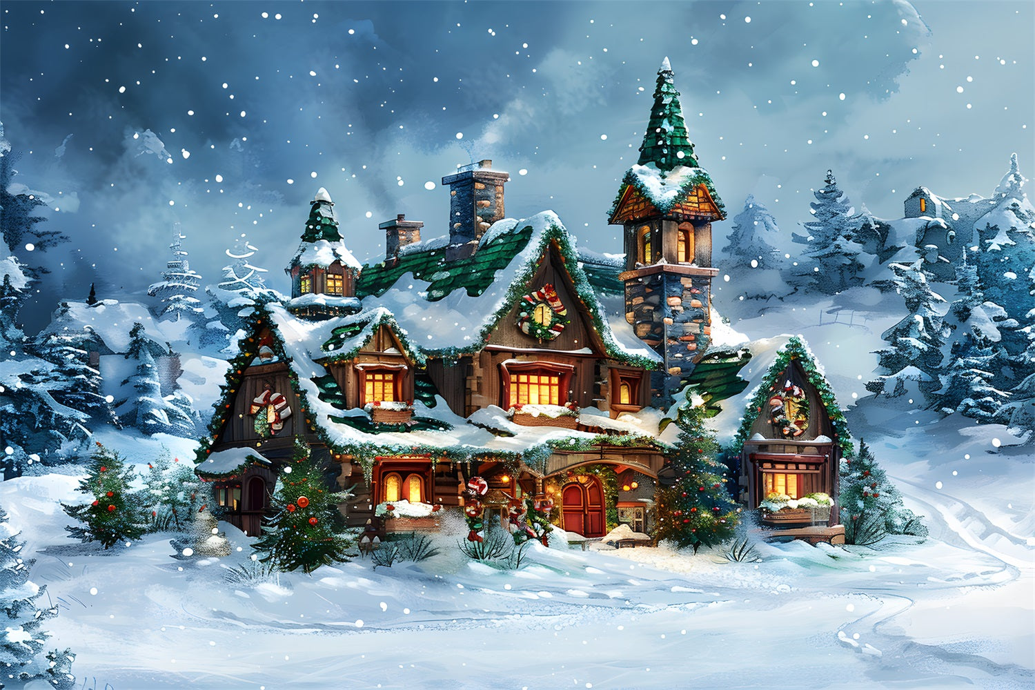 Christmas Fairy Tale Cottage Snowy Forest Backdrop RR7-651