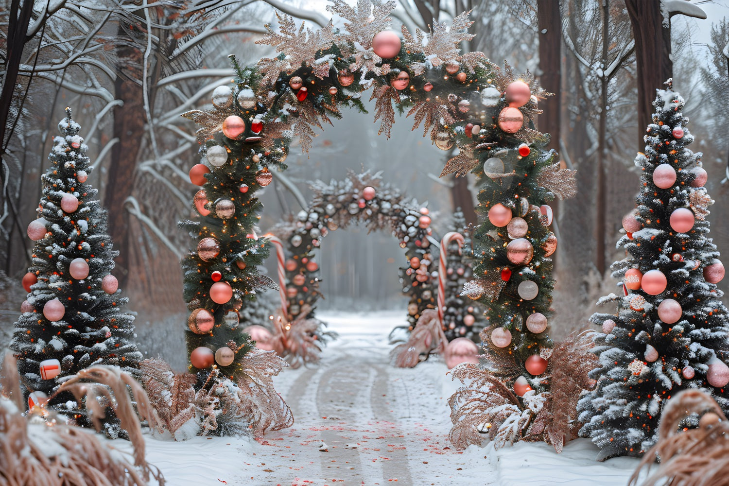 Christmas Pink Ornament Candy Cane Backdrop RR7-655