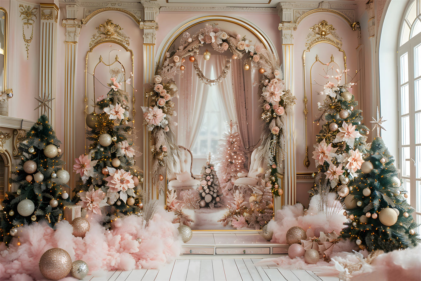 Aperturee Enchanting Pink Santa Claus Christmas Arch Backdrop