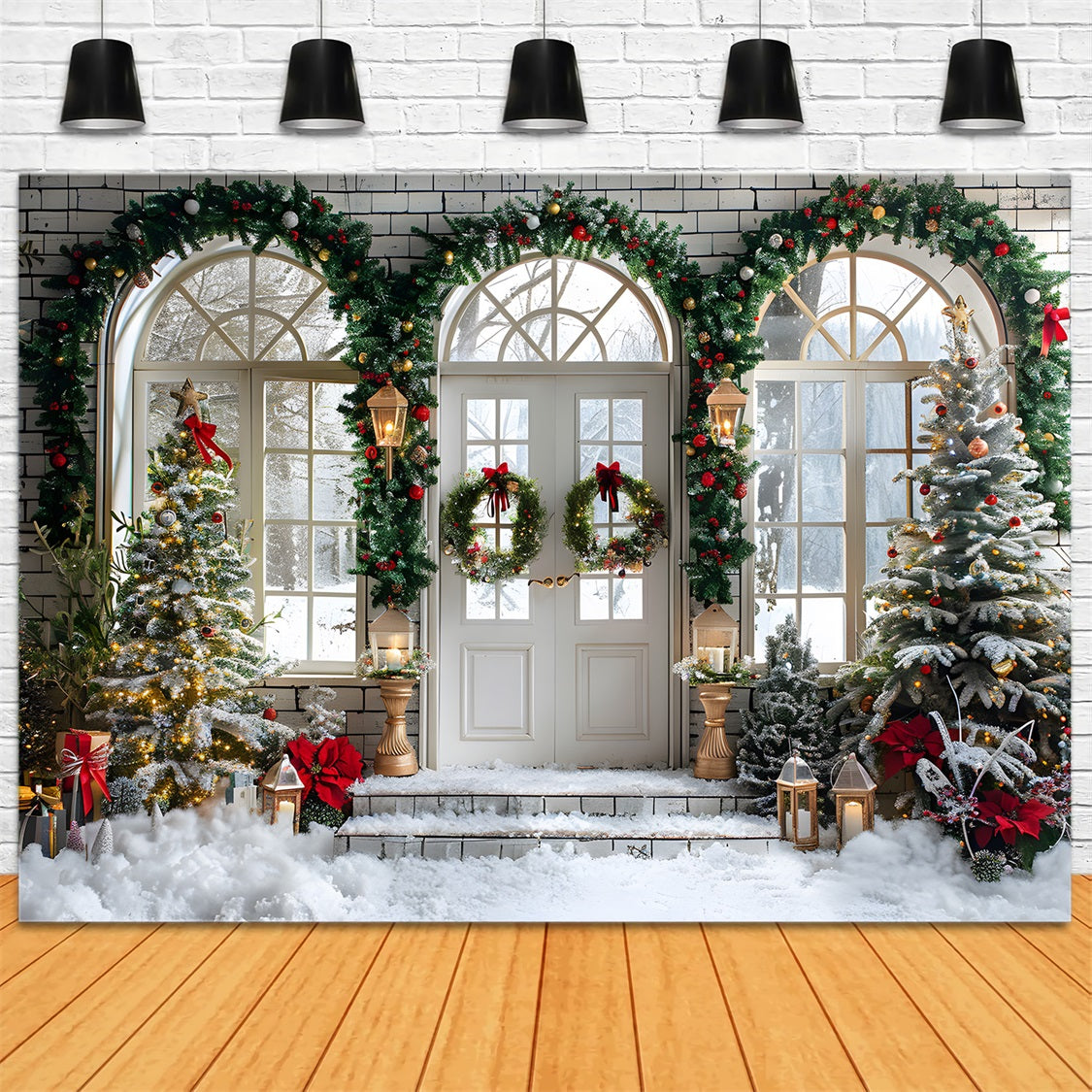 Christmas Arched Doorway Wreaths Trees Backdrop RR7-695