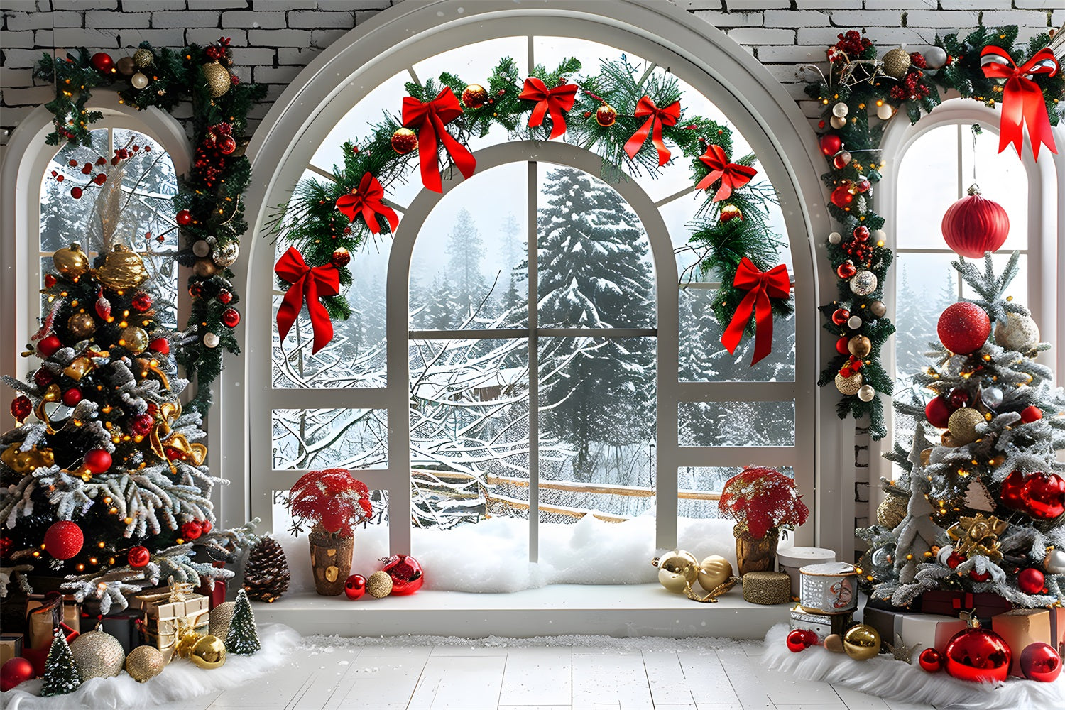 Christmas Arched Window Snowy Landscape Backdrop RR7-696
