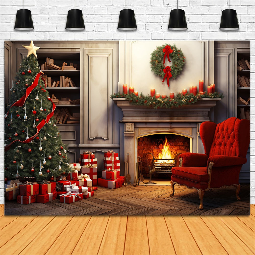 Christmas Tree Gift Boxes Fireplace Backdrop RR7-718