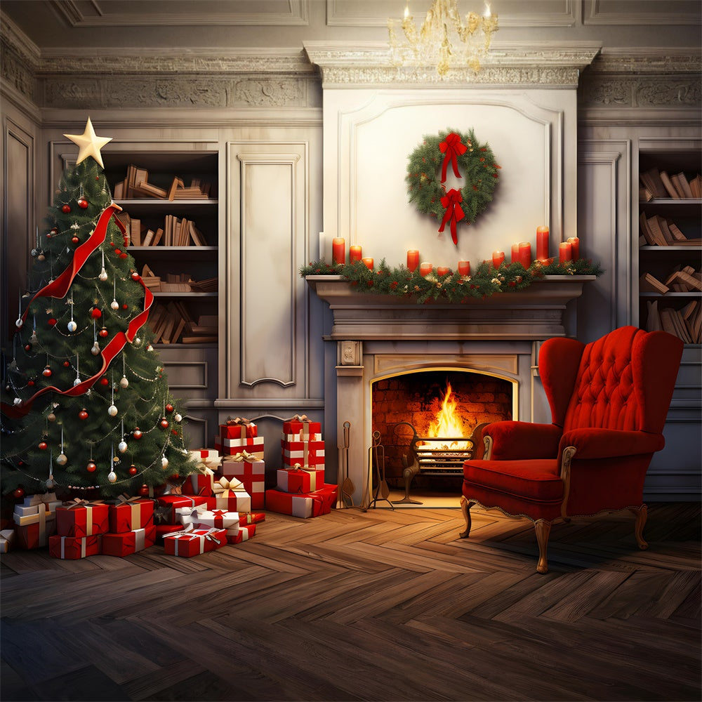 Christmas Tree Gift Boxes Fireplace Backdrop RR7-718