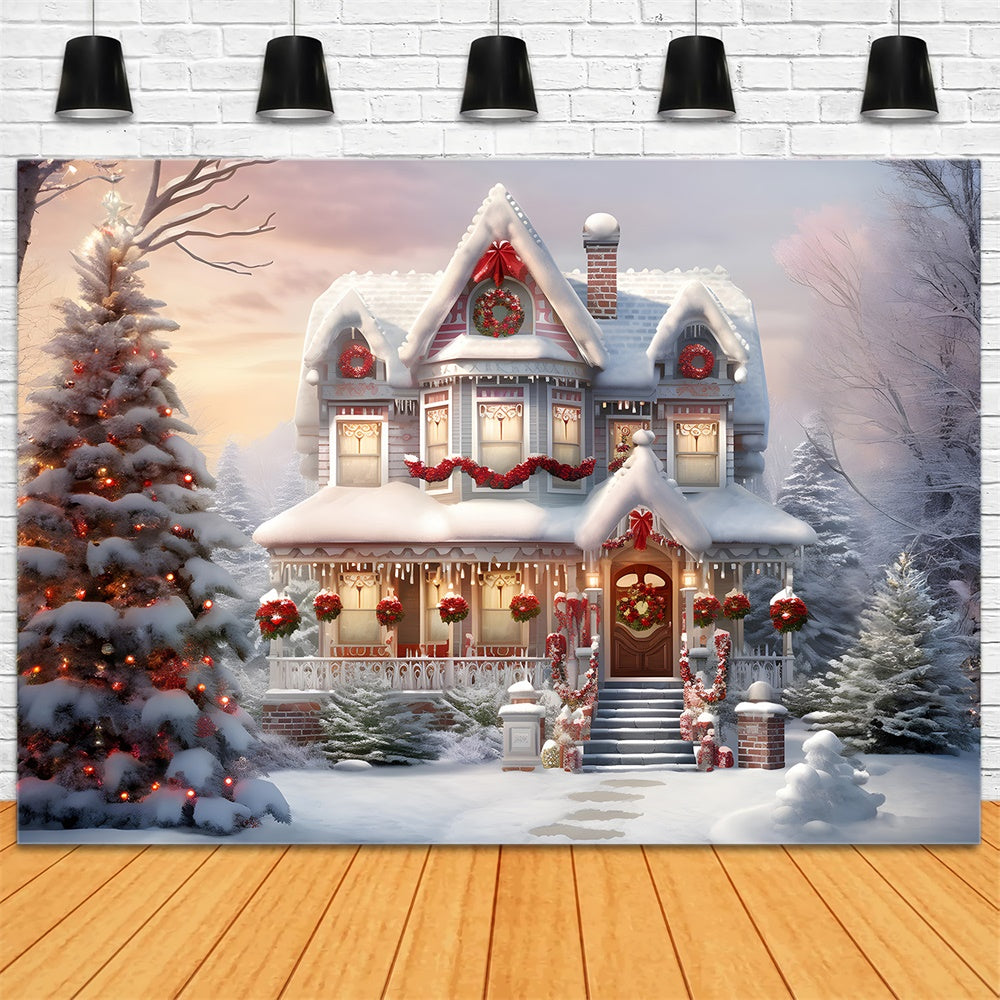 Snow Christmas Decorated House Backdrop RR7-740 – Dbackdrop
