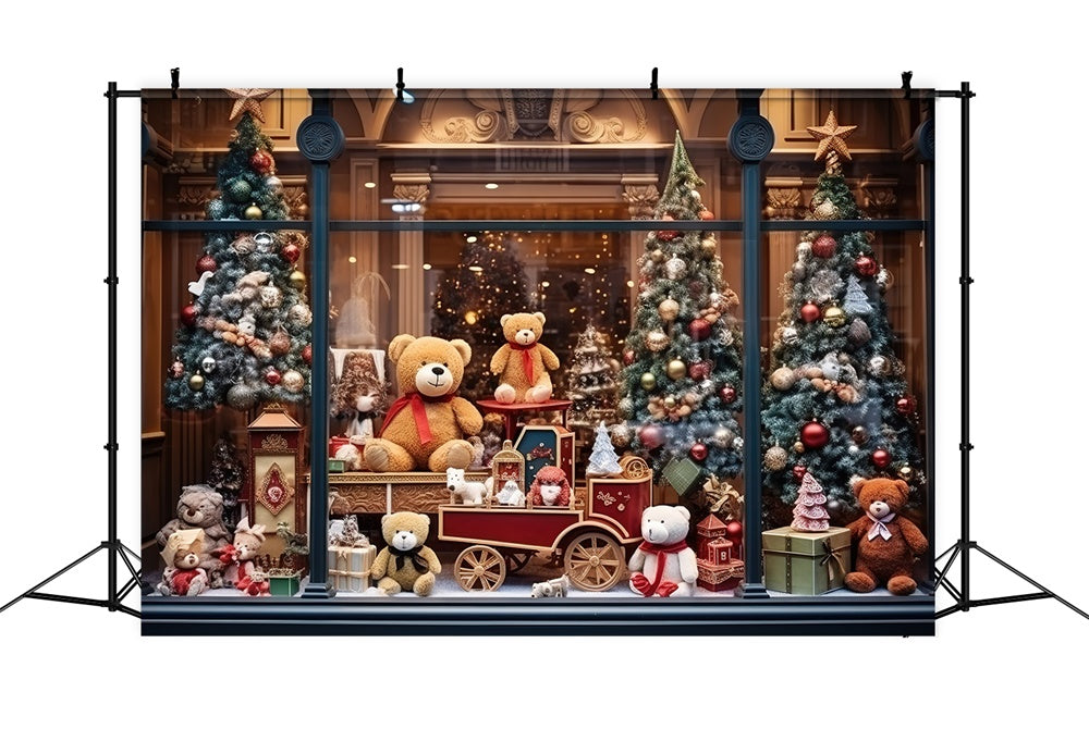 Christmas Tree Bear Toy Shop Window Backdrop RR7-856 – Dbackdrop