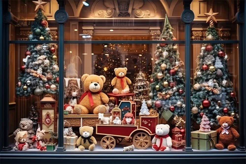 Christmas Tree Bear Toy Shop Window Backdrop RR7-856 – Dbackdrop