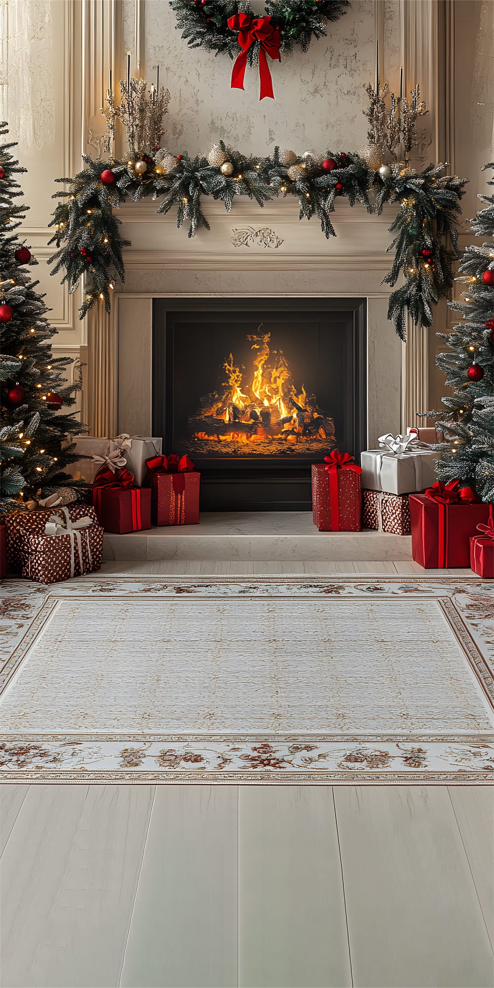 Aperturee Vintage Red Rug Christmas Sweep Backdrop, Berry Garland Arch Grunge Wall Floor Photo Background