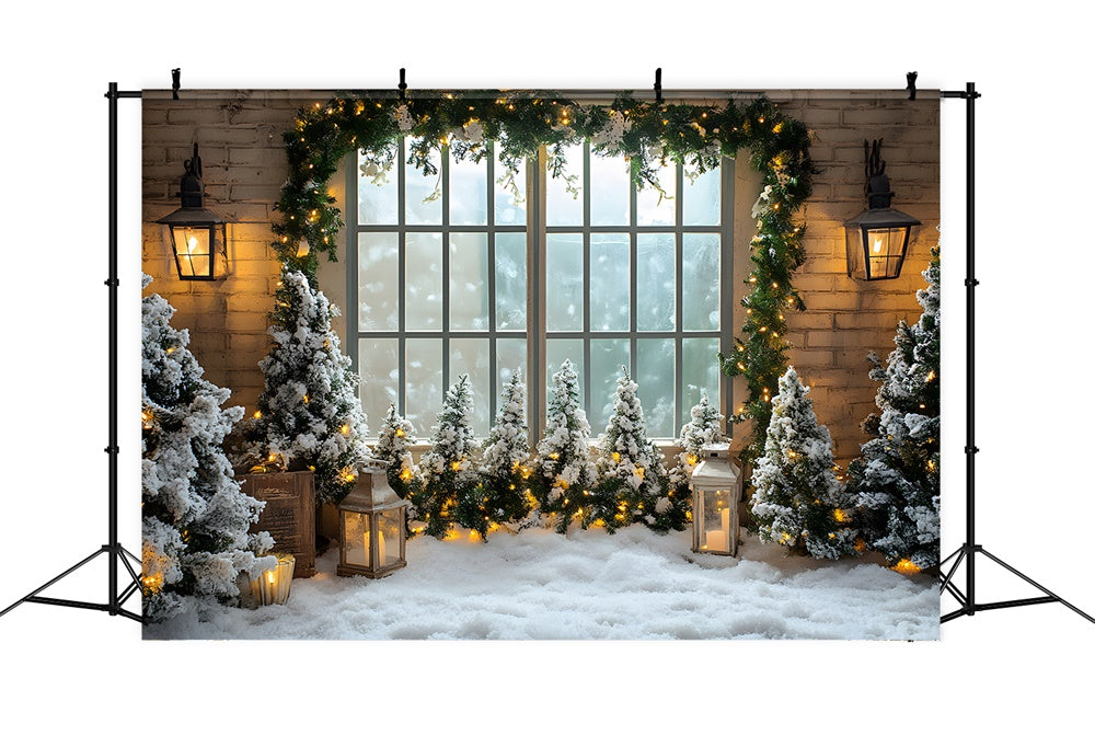 Snow Scene Brown Wood Window Christmas Backdrop Cover