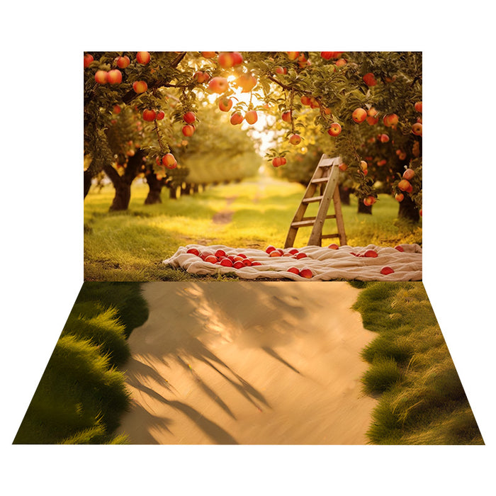Trees Service Backdrop Autumn Apple Trees Field Backdrop+Grassland Floor Backdrop RR8-535