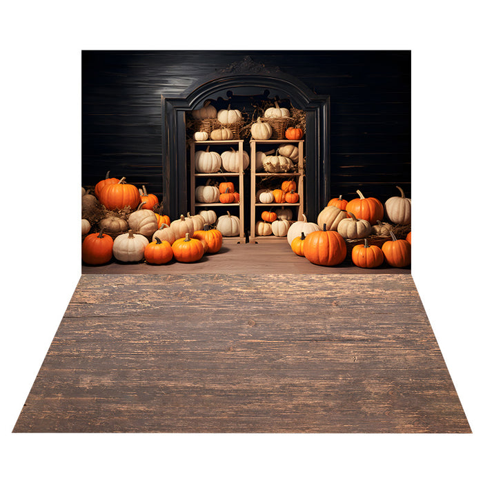 Fall Retro Backdrop Fall Pumpkins Retro Wall Backdrop+Wood Floor Backdrop RR8-539