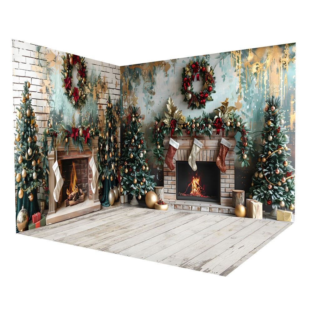 Back Drop Room Christmas Tree Fireplace Wreath Backdrop Room Set RR8-607
