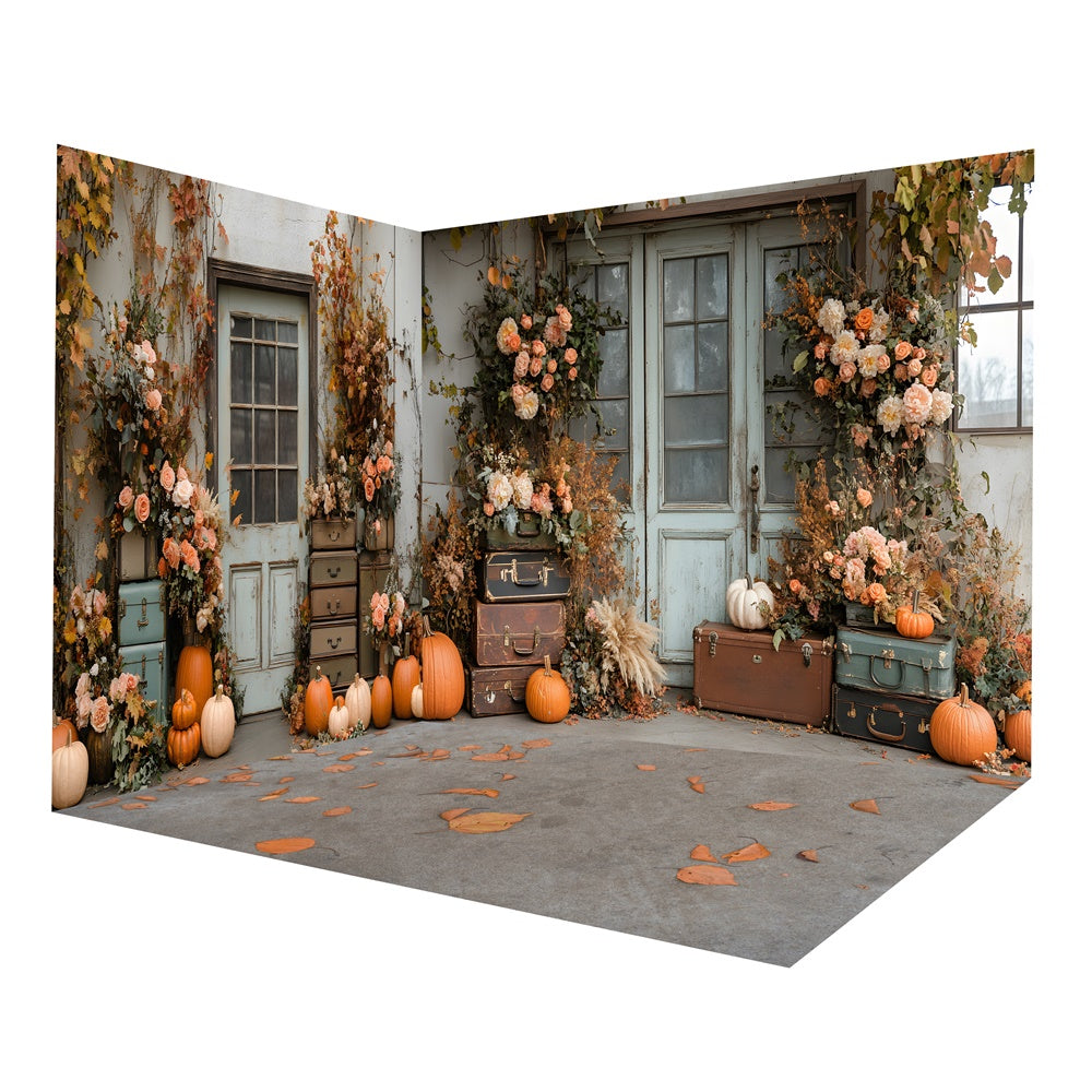 Back Drop Room Autumn Rustic Door Flowers Pumpkin Backdrop Room Set RR8-656