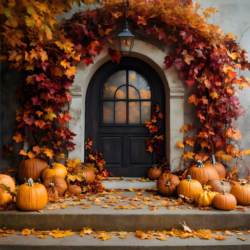 Light Wood Door Pumpkin Maple Leaves Autumn Backdrop